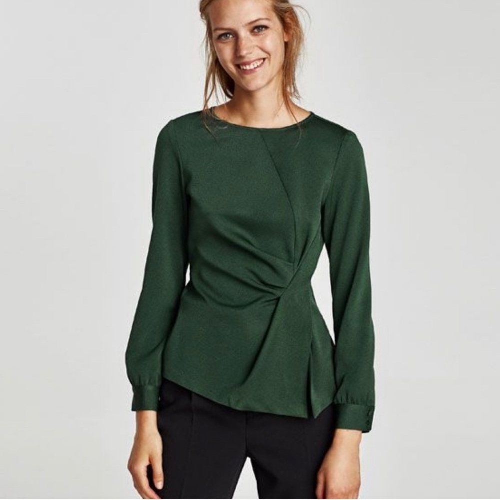 Zara Green Long Sleeve Tie Front Blouse